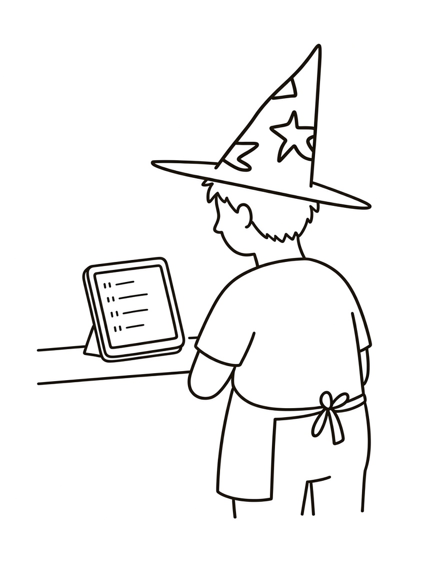 Pen drawing of a cook in a wizard hat checking orders on a kitchen tablet