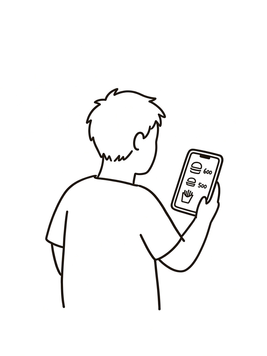 Pen drawing of a customer ordering from a menu on a phone