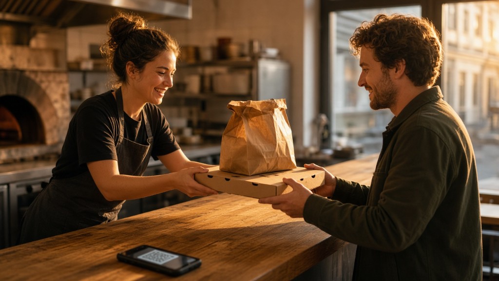 Restaurant staff handing a takeaway order across the counter